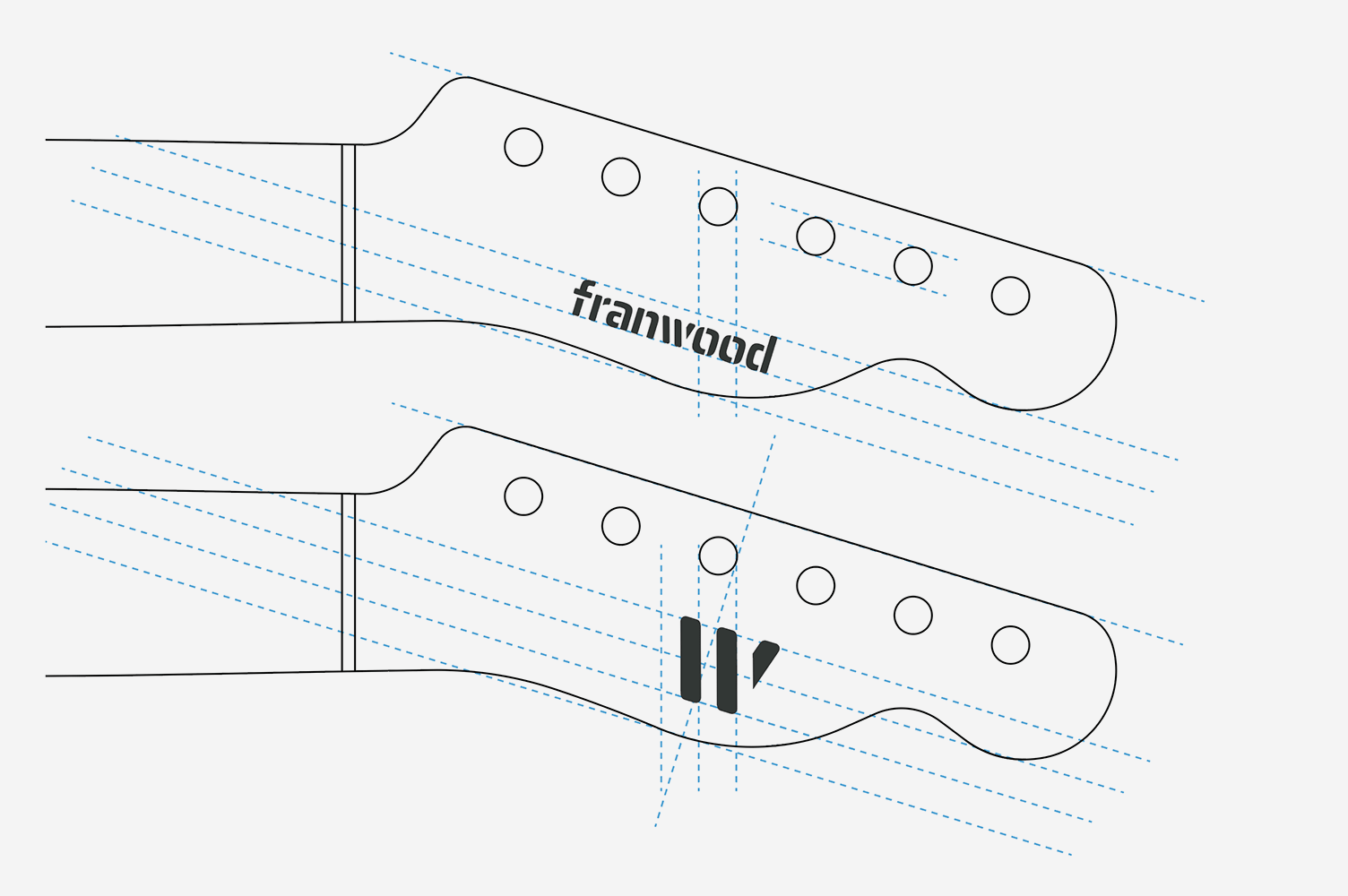 Diseño de logotipo aplicado a mástil tipo telecaster